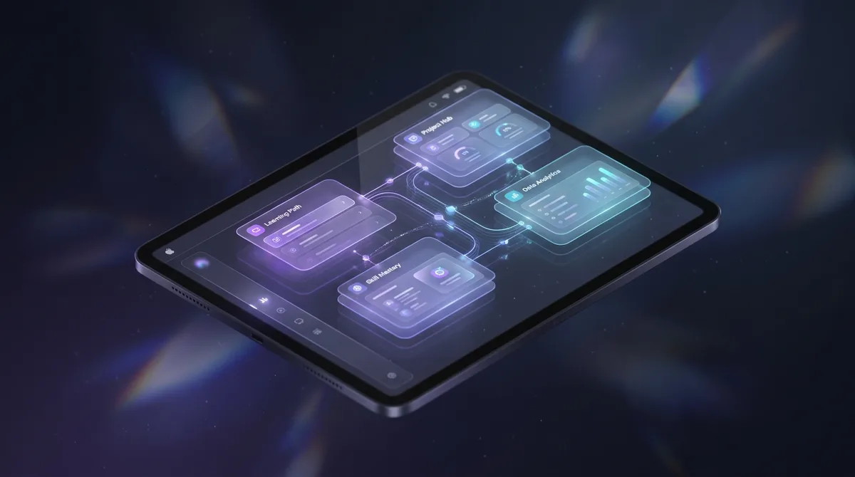 Learning-Path Explorer concept - floating dashboard UI in a premium 3D render