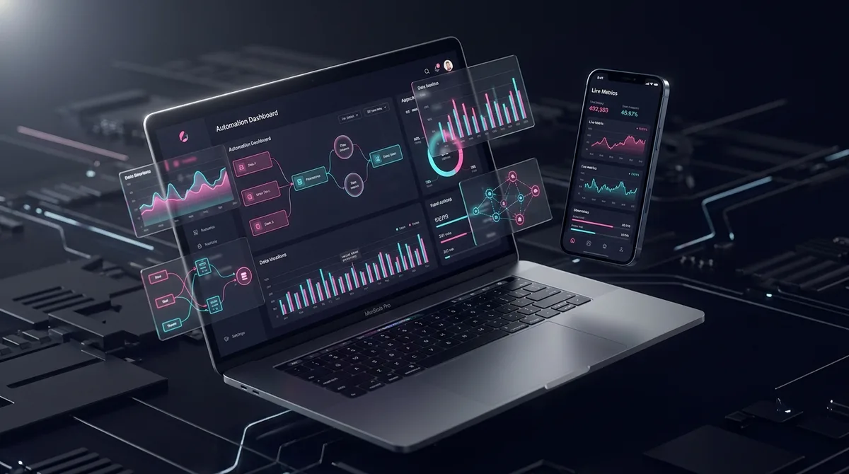 Automation dashboard diorama - layered 3D scene with holographic data widgets